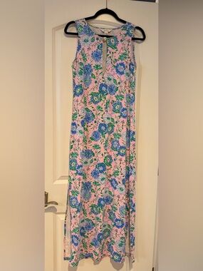 Lilly Pulitzer Pink Floral Maxi Dress with Blue and Green Blooms